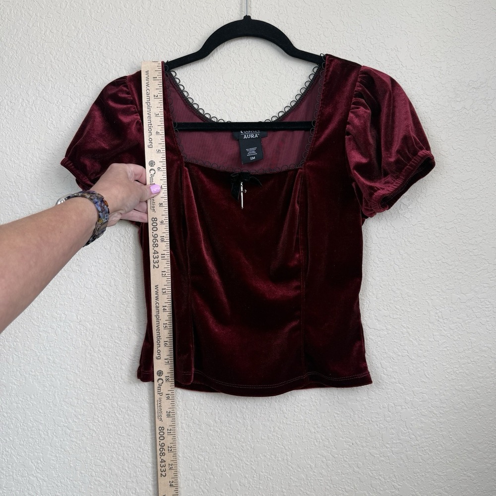 Cosmic Aura Red Velvet Puff Sleeve Crop Top Goth Ren Fair Cross Dark Romantic SM - Picture 3 of 6